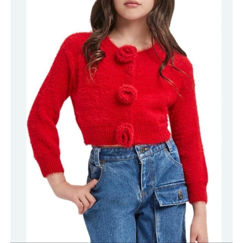 Bardot Junior Kids' Flower Accent Crop Cardigan In Winter Red size 12-14 NWOT